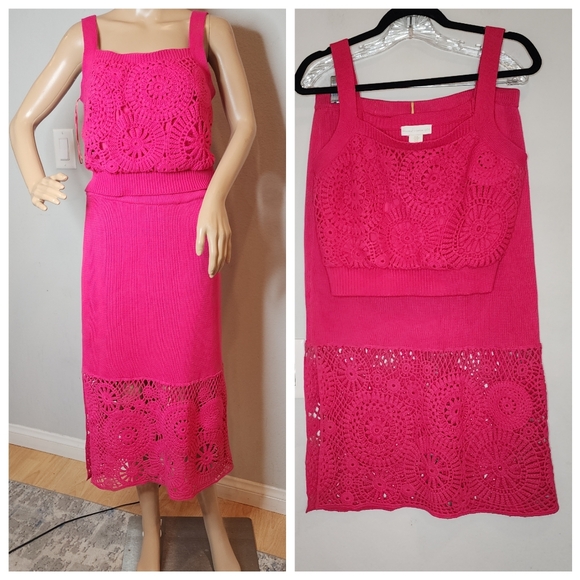 NWT House Of Harlow Pink Crochet Knit 2 Piece Skirt Top Set Size Medium